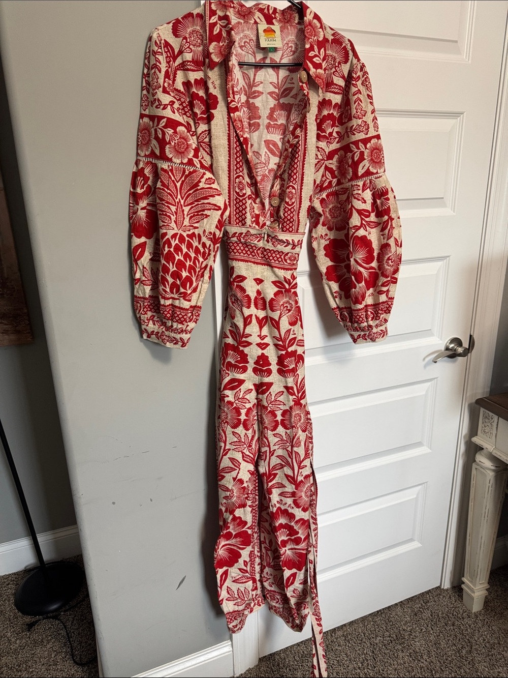 FARM Rio Red and Cream Floral V-Neck Jumpsuit